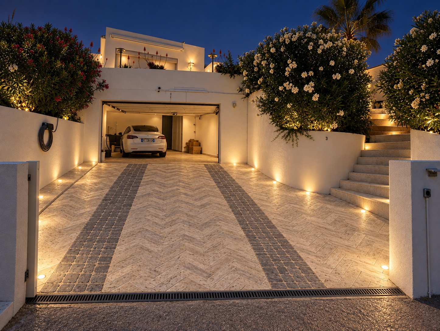 La lumière guide les pas — Allée de garage · éclairage au sol · vue de nuit